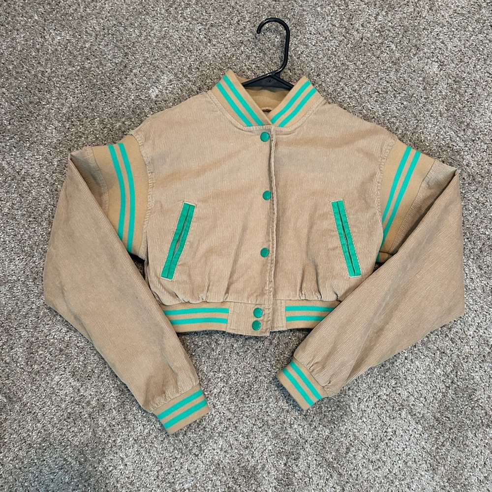 Tan Corduroy Cropped Jacket with Green Stripes